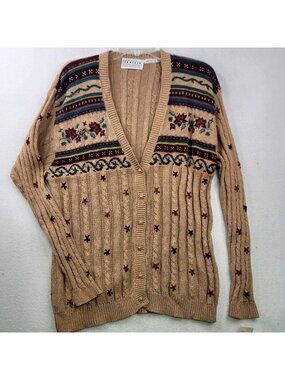 Vintage Jantzen Cable Knit Hand Embroidered Cardigan S Beige Granny Artsy Cozy